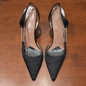 VALENTINO Black Satin Evening Shoes Heels Slingbacks Crystals Size 38.5 ITALY 🇮